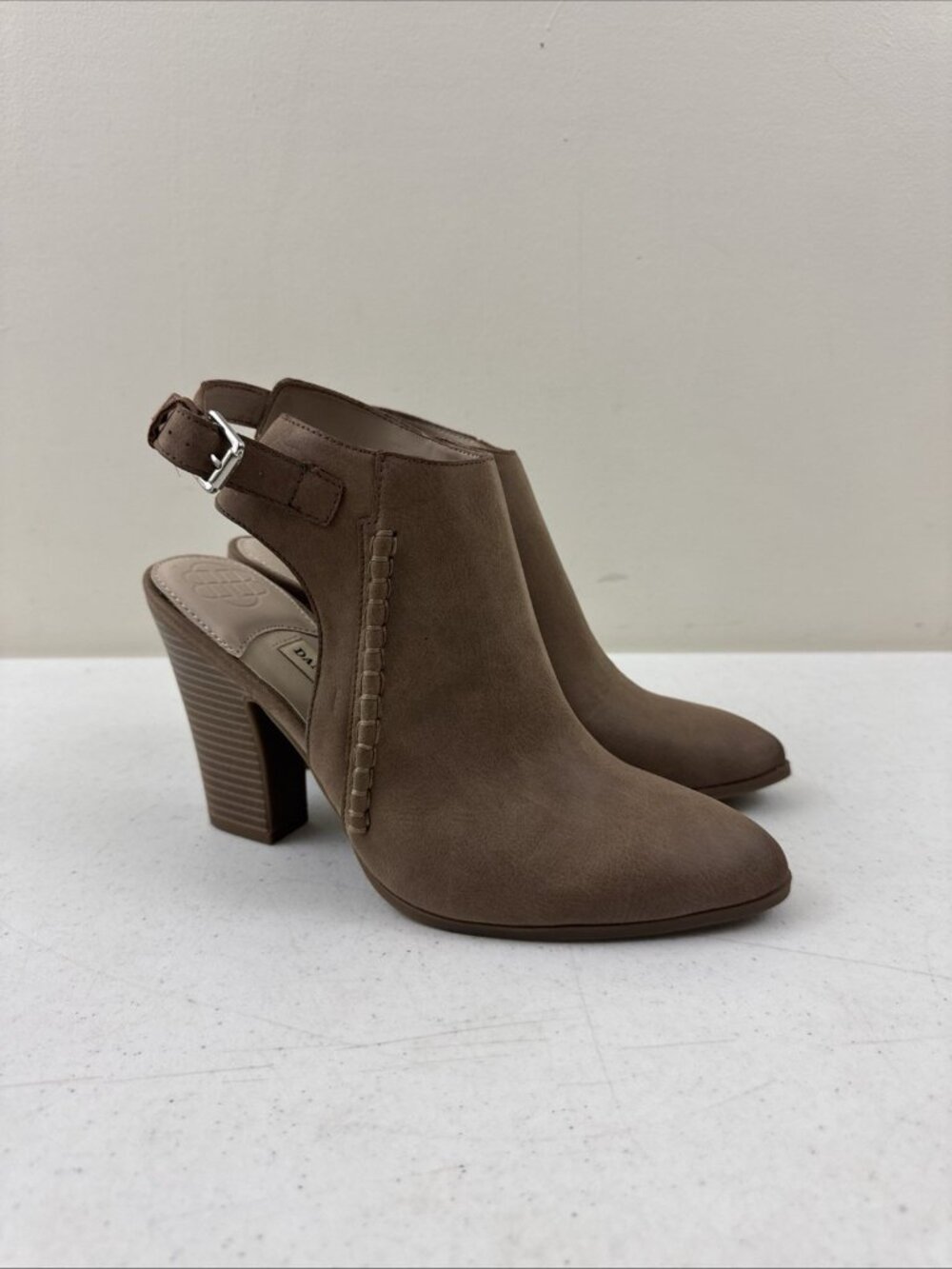 Dana Buchman Ankle Booties 8M Taupe Open Back Stacked Wood Heel Buckle Claudette